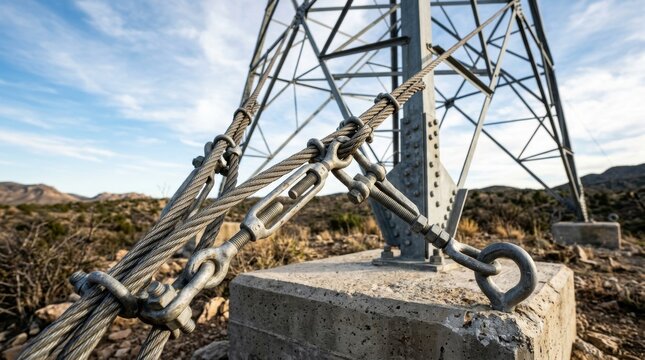 Close up of steel cables attached to a power transmission tower in a desert.