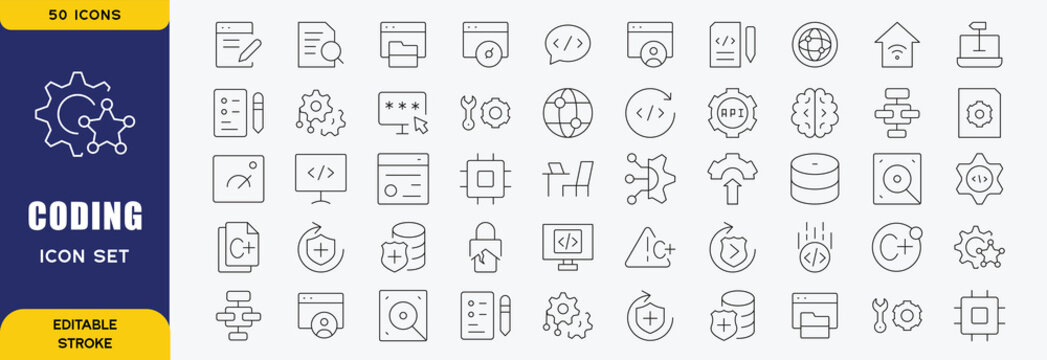 Set of 50 Programming and Coding line icons set. Coding outline icons with editable stroke collection. Includes Coding, Programmer, Website, Cloud Computing, Bug, and More