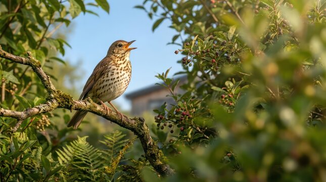 Song thrush bird singing on branch surrounded by green foliage and berries.