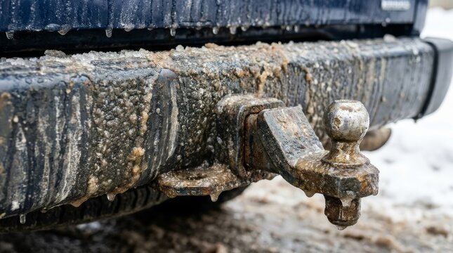 This close up shows a rusted trailer hitch ball covered in ice and snow.