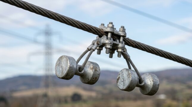 A close up shows metal wire rope with clamps on a power line.