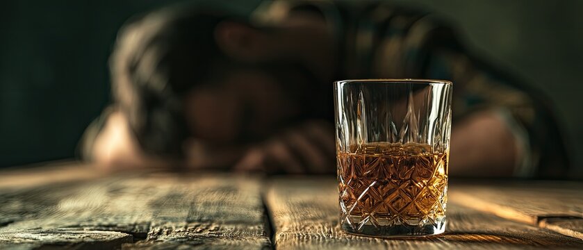 A glass of amber liquid sits on a wooden table, person slumped in background