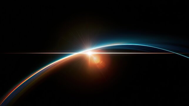 Brilliant sunrise over planet's horizon with lens flare and atmospheric glow