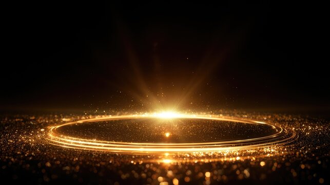A bright, luminous golden ring of light and sparkles on a dark background