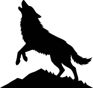 Silhouette of a wolf howling on a rocky outcrop