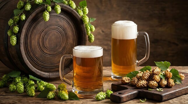 Two rustic glass beer mugs with fresh green hops and wooden barrel on table