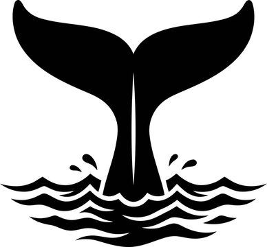 Black whale tail silhouette diving into ocean waves, black and white vector illustration