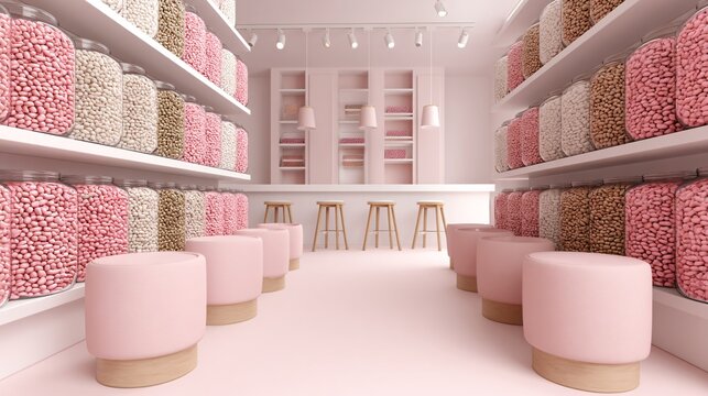 candy store interior, shelves full of sweets, retail concept