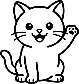 Cute cartoon cat waving hello with a happy smile, simple line drawing