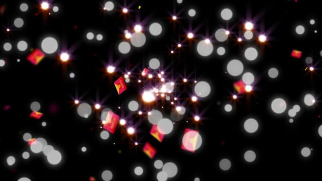 Floating red envelopes amidst glowing particles and sparkling bokeh lights on dark abstract background with envelopes drifting through through field shimmering