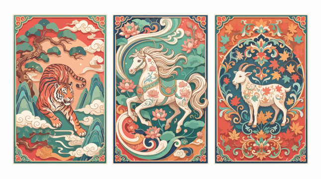 Chinese zodiac triptych with tiger, horse, and goat. Traditional Asian animal art set.