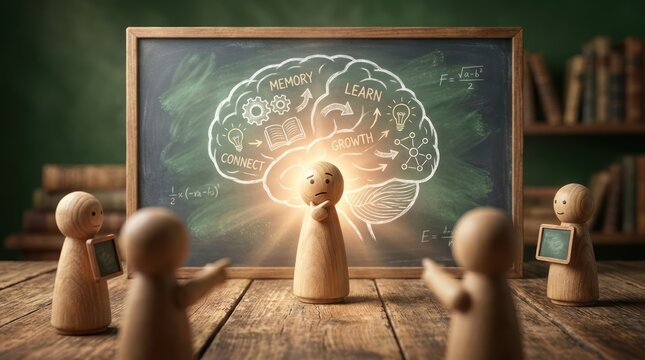 Wooden figures around blackboard with brain drawing and math formulas.