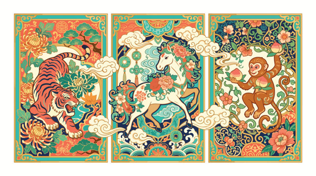 Tiger, horse, and monkey triptych illustration. Decorative animal art set for design.