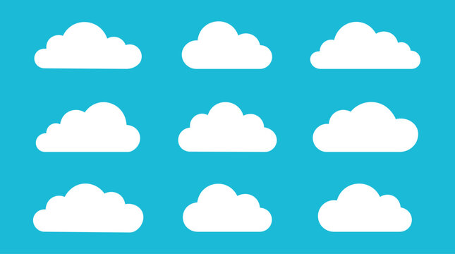 Set of nine different white fluffy clouds a bright turquoise background