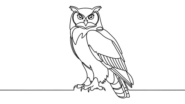 Detailed owl line drawing on white background.