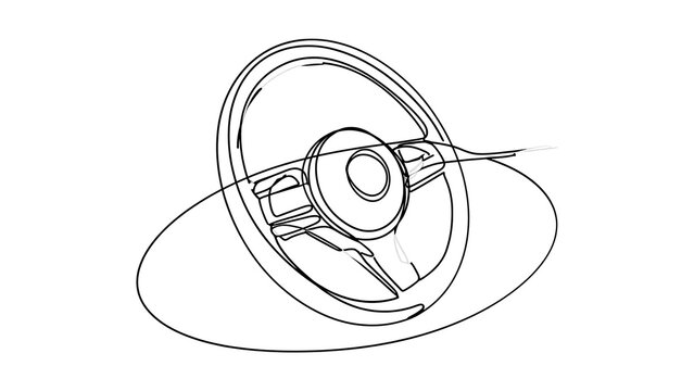 Steering wheel line art on white background.