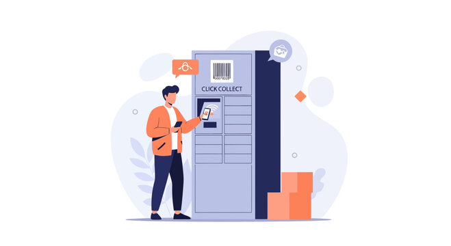 Man uses smartphone at automated parcel locker kiosk for convenient click and collect service, showcasing modern logistics.