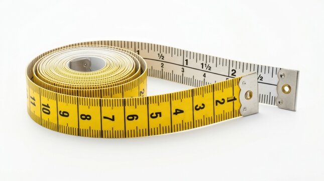 Yellow fabric measuring tape coiled on white background with inch and cm markings.