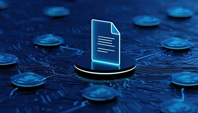 Glowing document icon on futuristic digital network, connected nodes