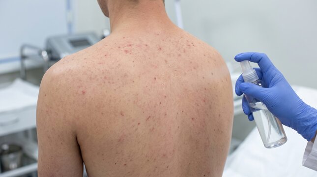 A person with acne on their back is being sprayed with a liquid treatment by a gloved hand in a clinical setting.