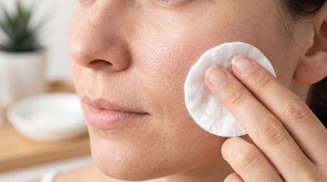 A person gently applies a cotton pad to their cheek, demonstrating a skincare routine focused on facial cleansing or makeup removal.