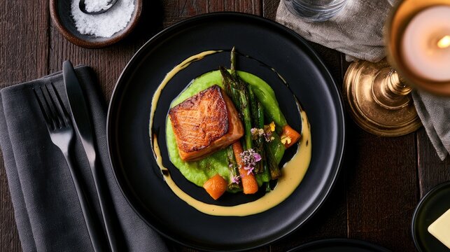 Gourmet salmon fillet on pea puree with asparagus and carrots