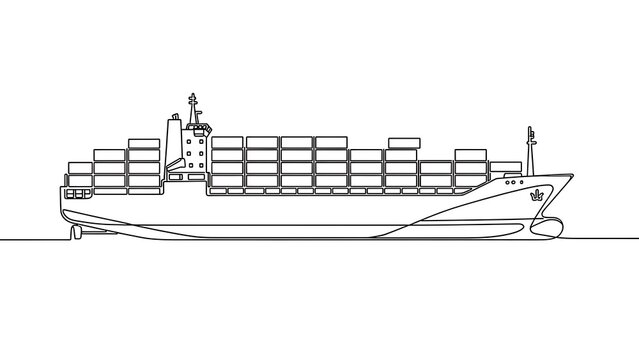 Cargo ship line art on white background.