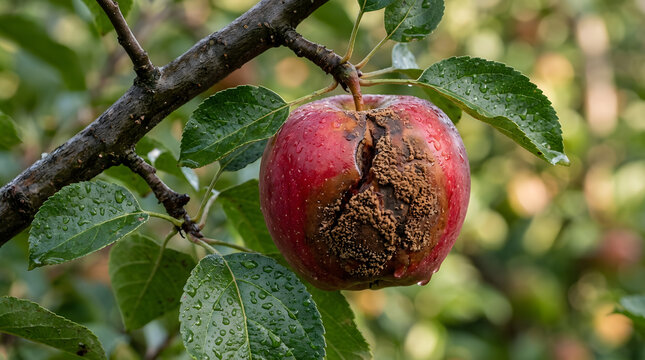 Rotten apple hanging on tree branch. Damaged fruit with fungal decay in orchard.
