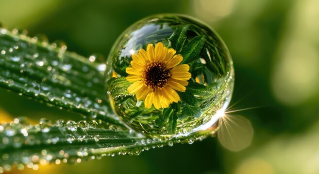 Tiny world captured in a glistening dewdrop on a green leaf