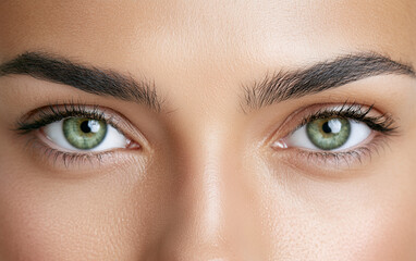 Fototapeta premium Man with green eyes and stubble shows calm expression. Close up on face and skin texture. Subtle facial hair detail. Natural light highlights smooth skin.