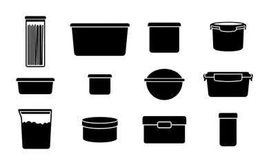 Obraz premium Set of 12 Black Silhouette Food Storage Containers, Kitchenware Icons for Organization and Meal Prep, Versatile Vector Graphics