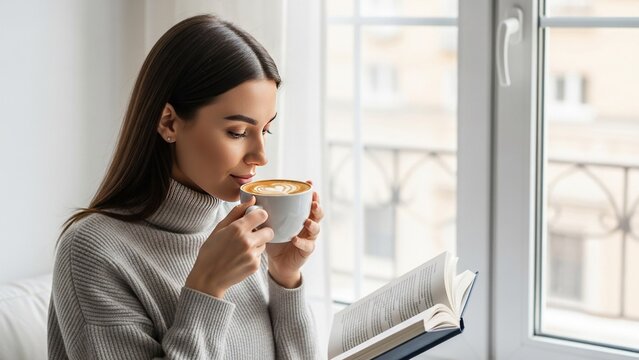 Young woman in a grey turtleneck sweater drinking hot coffee and reading a book near a window in a bright apartment