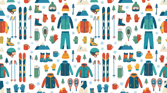 Winter Sports and Outdoor Recreation Flat Design Vector Seamless Pattern featuring Ski Equipment, Clothing  Gear