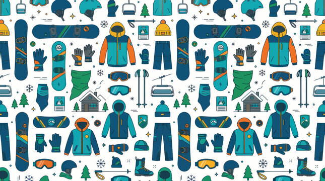 Flat Design Winter Sports Equipment and Apparel Seamless Pattern - Snowboarding, Skiing Gear Icons