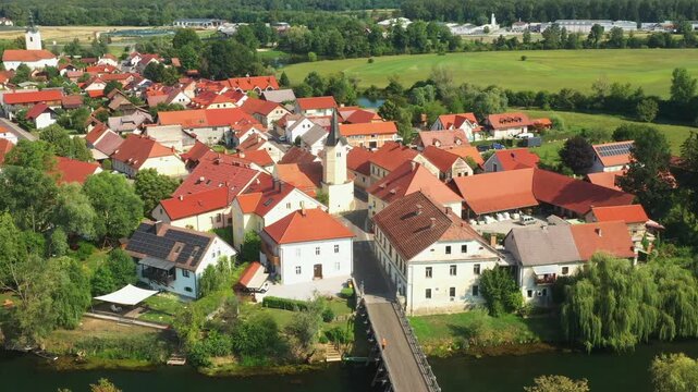 Aerial view of Kostanjevica na Krki, town surrounded by Krka river, Slovenia, Europe