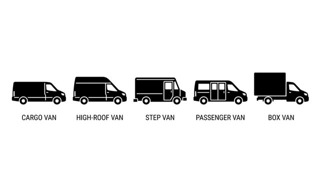 Commercial Van Types Vector Icon Set Featuring Cargo Van, High Roof Van, Step Van, Passenger Van, and Box Van