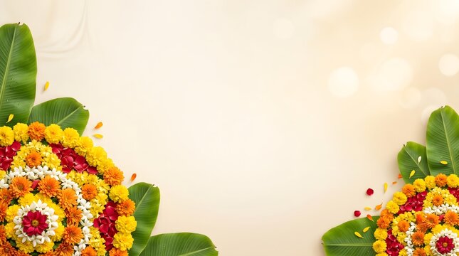 Onam festival background with floral pookalam design with floral arrangement fresh