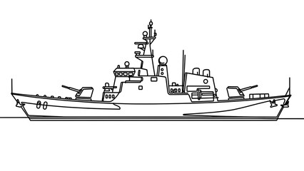 Obraz premium Military warship line drawing on white background.