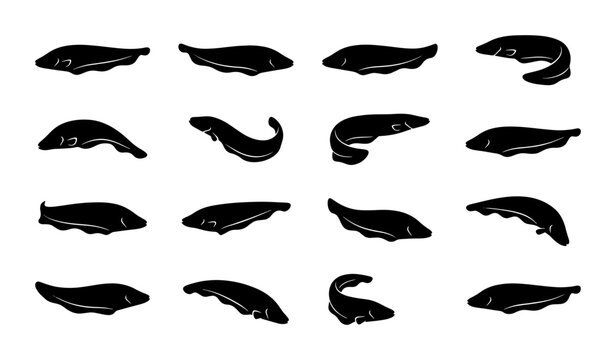 Set of 16 Black Silhouette Leeches, Medical Hirudinea Vector Icons, Parasite and Bloodsucker Illustrations for Healthcare and Biology Concepts