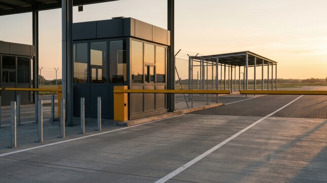 Quiet Border Crossing with Boom Gates at Golden Hour