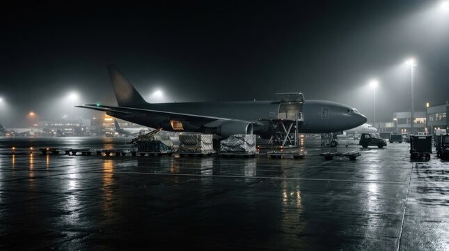Nighttime Airfreight Terminal with Cargo Aircraft