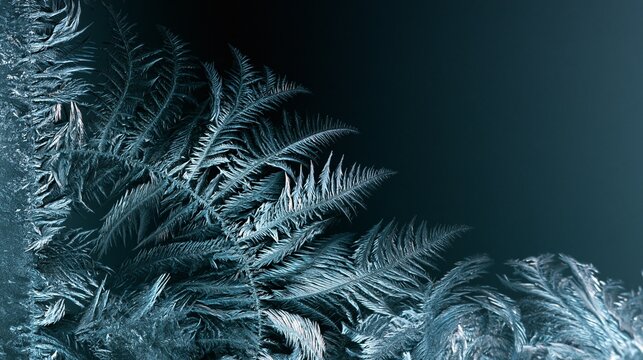 Frost ferns covering dark winter window glass in icy macro detail