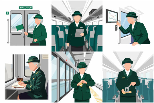 Senior Female Train Conductor and Railway Staff in Uniform Flat Vector Illustration Set