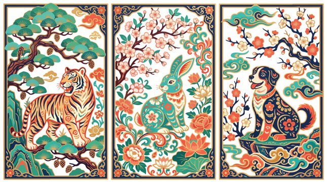 Tiger, rabbit, and dog vector illustration. Cute animal characters set for kids design.