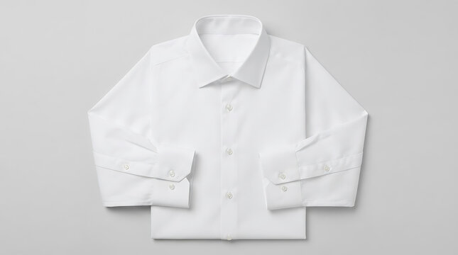 Neatly folded classic men's white dress shirt lies flat against a clean, light gray background, highlighting its crisp collar, smooth fabric, and delicate buttons for fashion and apparel concepts.