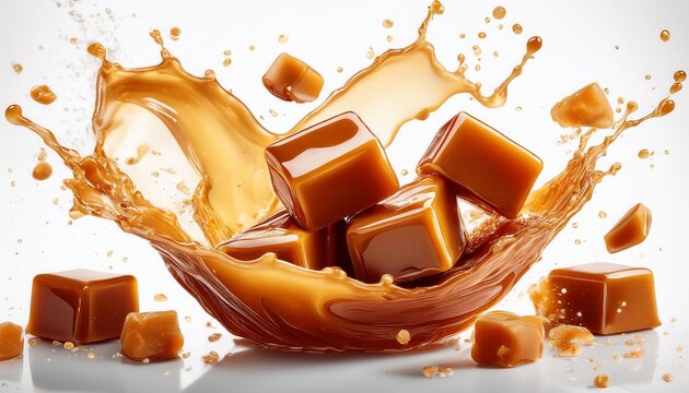 a delectable splash of golden toffee caramel candy explodes with broken pieces isolated on a pristine white background showcasing its rich texture and irresistible sweetness