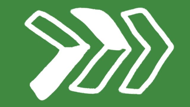 Triple arrow fast forward navigation hand-drawn cartoon graphic with chalk outline direction pointer icon and creative speed acceleration symbol isolated on green screen background.