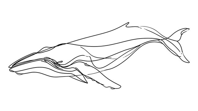 Minimalist whale line art drawing white background.