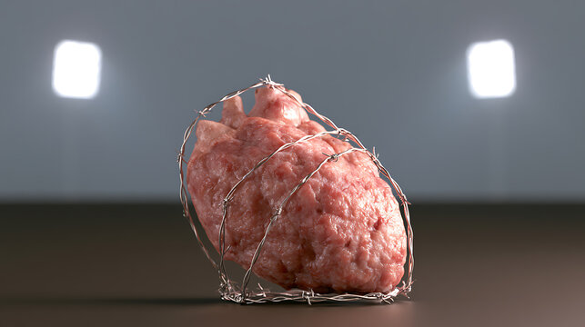 A rendering of a raw meat heart wrapped in sharp barbed wire, illustrating concepts of pain, suffering, and emotional restriction with a dark mood