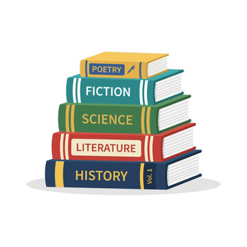 Books form a neat pile that highlights various genres including history and science for readers.
